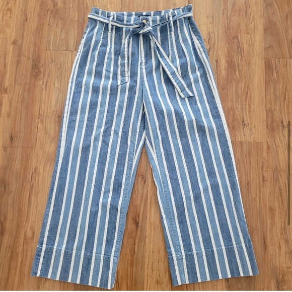 Ann Taylor High-Rise Wide Leg Denim Ankle Pants Stripe Blue White Waist Tie Sz 6 - Picture 3 of 16